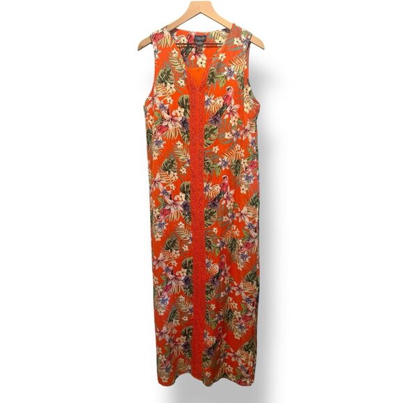 Caribbean Joe Hawaiian Tropical Maxi Dress Orange Sz Medium Floral Lace Detail - Picture 1 of 14